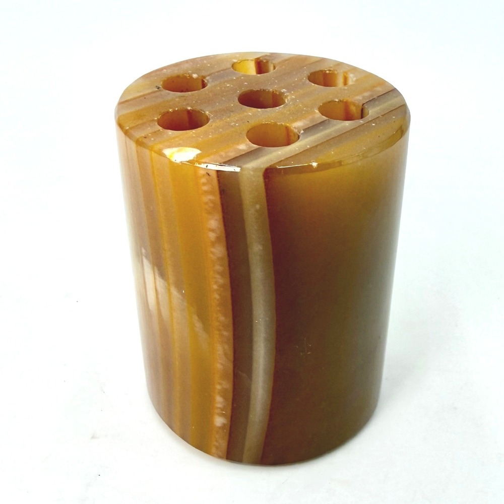Vintage Banded Onyx Stone Pen Holder Paperweight Brown Marble 7 Hole